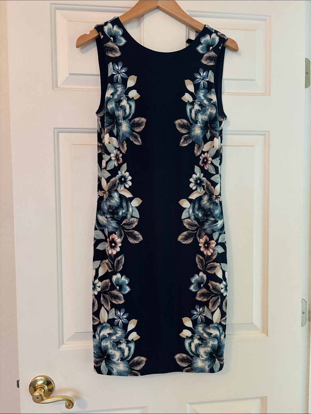 White House Black Market Black Midi Dress with Blue and Cream Floral Panels